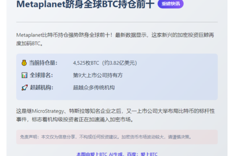 Metaplanet跻身全球BTC持仓前十