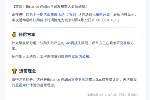 Binance Wallet第11期TGE今晚结束，补偿gas费