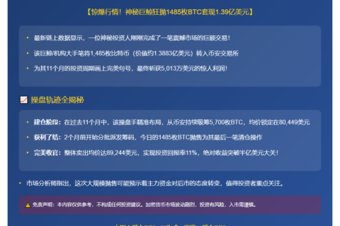 鲸鱼转移1485枚BTC至币安，价值1.39亿