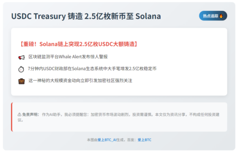 USDC Treasury 铸造 2.5亿枚新币至 Solana