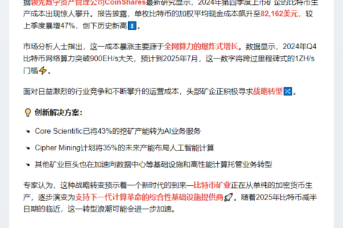 2024 Q4矿企挖矿成本达8.2万美元