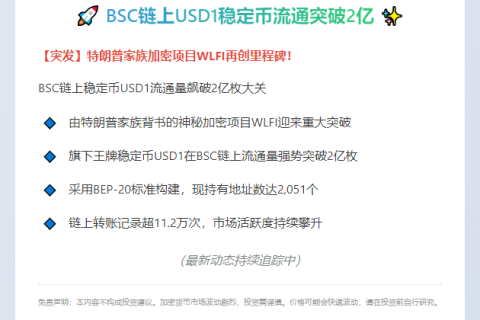 BSC链上USD1稳定币流通突破2亿