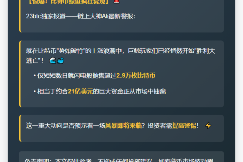 鲸鱼抛售2.9万枚比特币