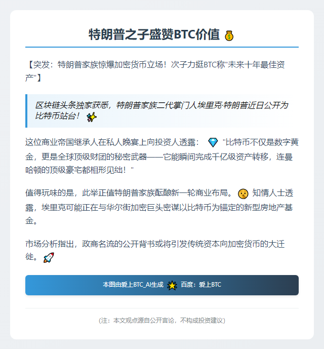 特朗普之子盛赞BTC价值