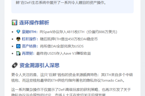 巨鲸存入4815ETH借450万DAI转存Aave