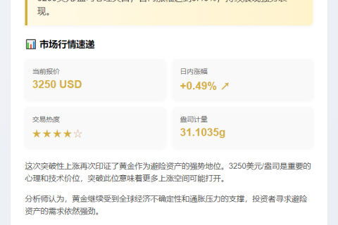 黄金突破3250美元，涨0.49%