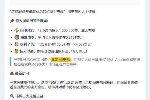 Ansem斥资136万美元建仓LAUNCHCOIN，两日赚58万
