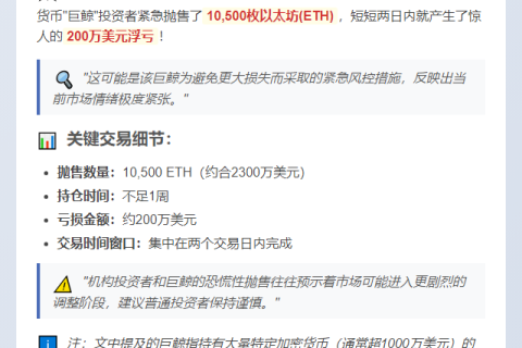 巨鲸抛售1万ETH，两日亏损200万