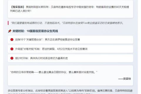 美财长警告：无贸易协议将恢复对等关税