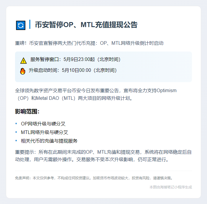 币安5月9日暂停OP、MTL充值提现