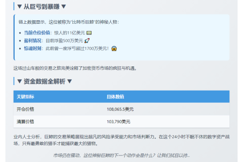 "比特币巨鲸浮盈500万美元"