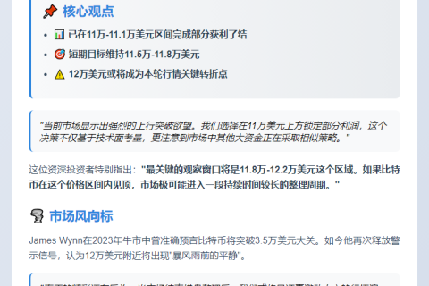 巨鲸：比特币若在12万美元附近见顶将横盘
