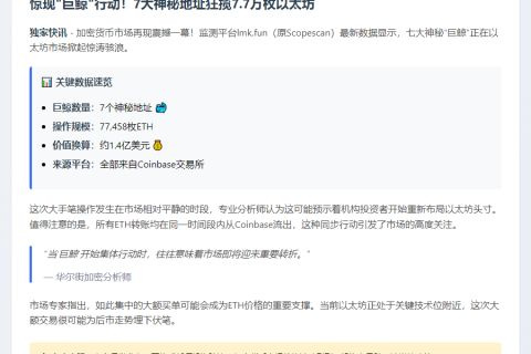 巨鲸转出7.7万ETH，价值1.4亿美元