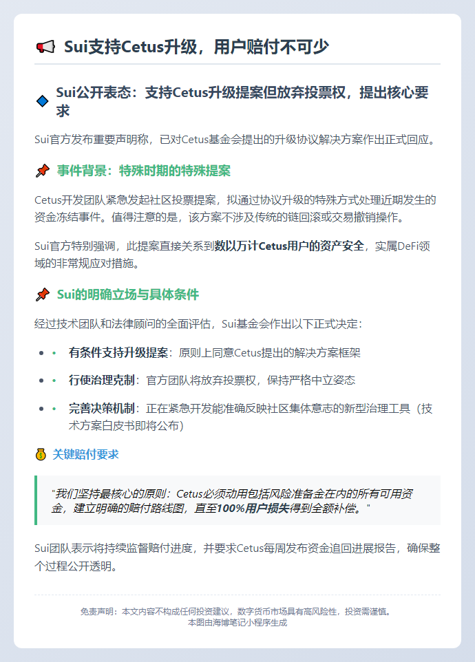 Sui支持Cetus升级，用户赔付不可少