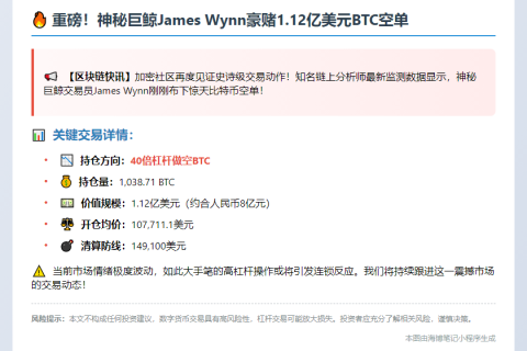 James Wynn做空1037 BTC 40倍杠杆