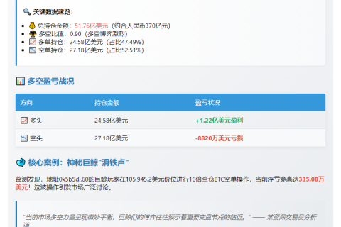 Hyperliquid鲸鱼持仓52亿 多空比0.9
