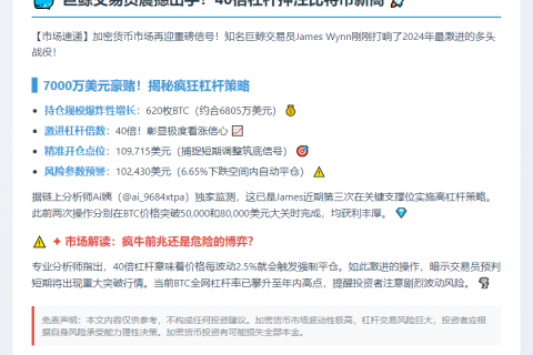 "交易员40倍杠杆做多BTC，仓位6805万刀"