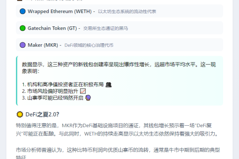 资金涌入山寨币：WETH、GT、MKR钱包激增