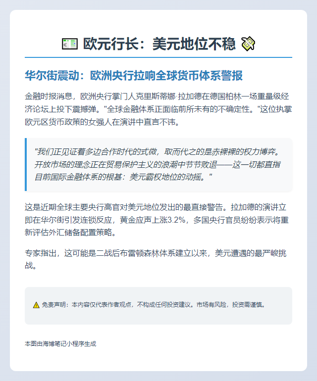 欧元行长：美元地位不稳