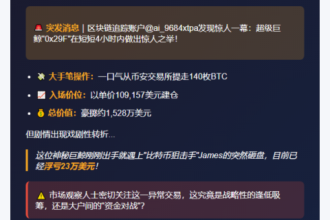 巨鲸4小时转出140枚BTC