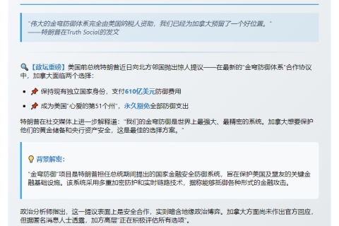 特朗普：加拿大若被"招安"可省610亿金穹防御