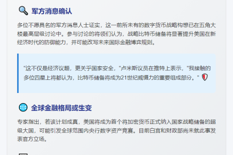 美军将领支持比特币战略储备