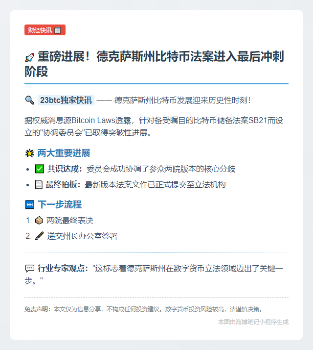 德州比特币储备法案将进入投票阶段