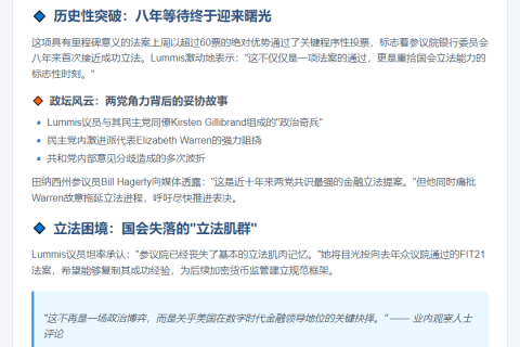 "稳定币法案终审 Lummis称立法艰难"