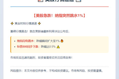 美股急跌，纳指跌超1%