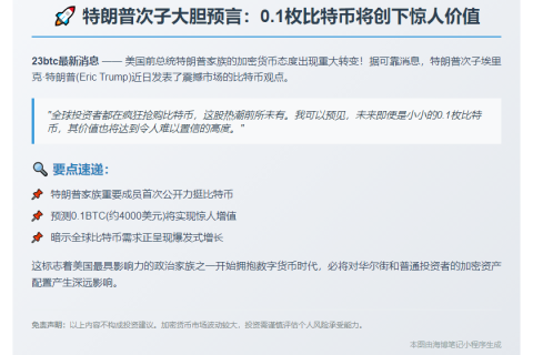 特朗普次子预言：1枚比特币价值将飙升