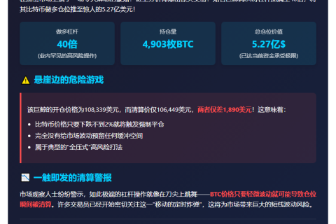 鲸鱼40倍杠杆加仓4903枚BTC至5.27亿