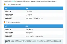 美ETF流入：比特币4007枚 以太坊30183枚