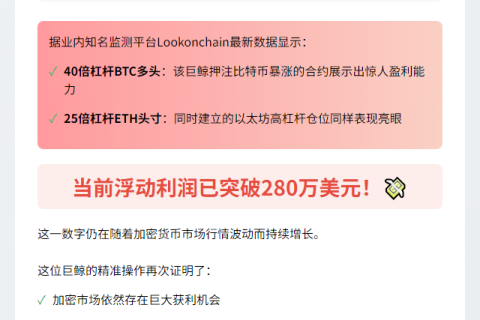 巨鲸做多BTC、ETH浮盈280万美元