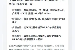 巨鲸转出3252万NEIRO，跃居持币第三