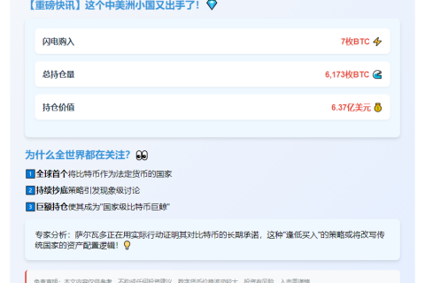 萨尔瓦多增持7枚比特币 总量达6173枚