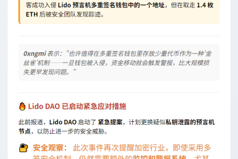 黑客入侵Lido预言机多签，窃取1.4枚ETH后暴露