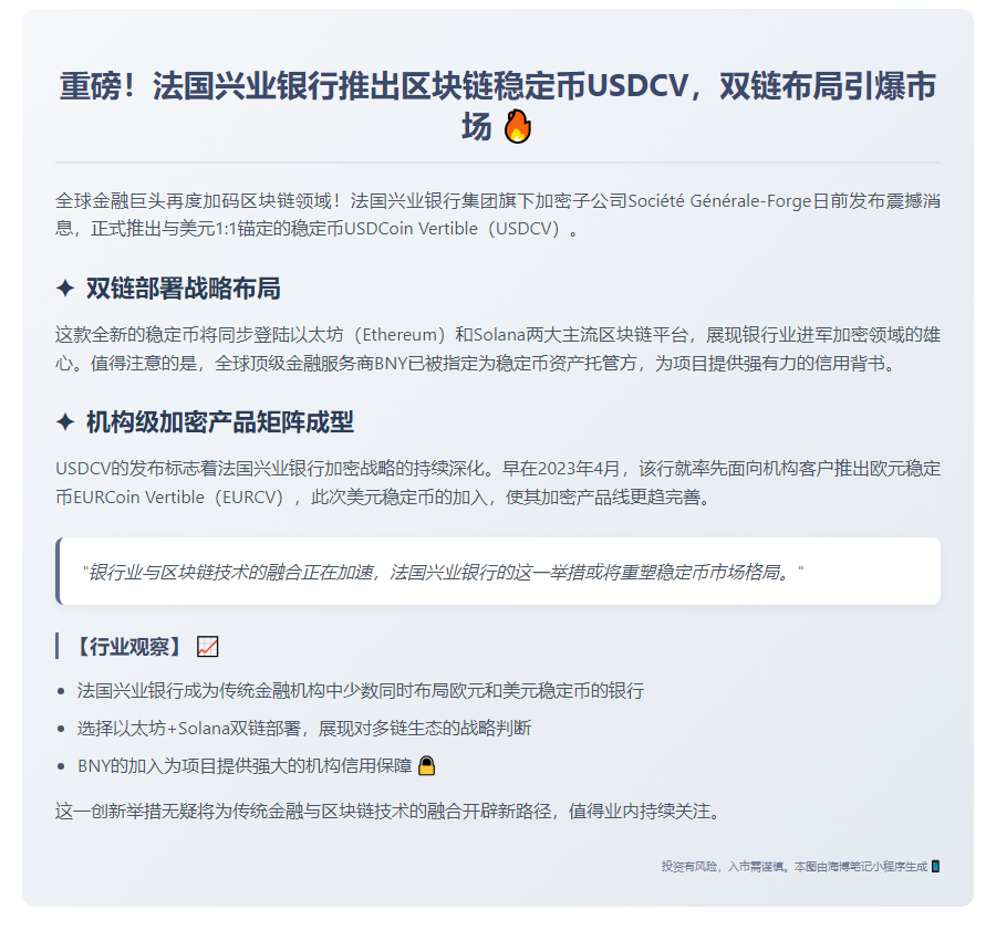 法兴银行推出以太坊、Solana稳定币USDCV