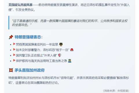 特朗普称洛杉矶骚乱为"外国入侵"