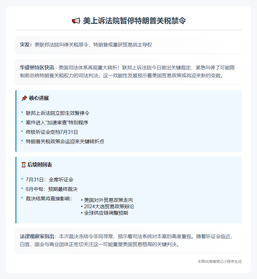 美上诉法院暂停特朗普关税禁令