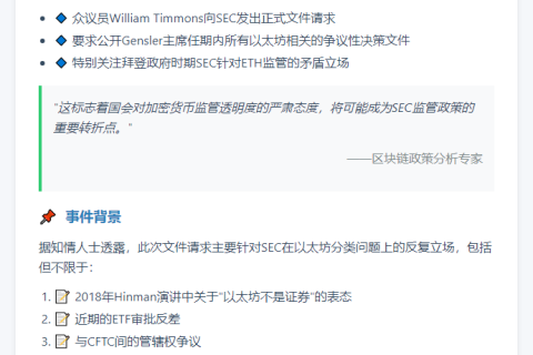 议员要求SEC提交以太坊处理文件