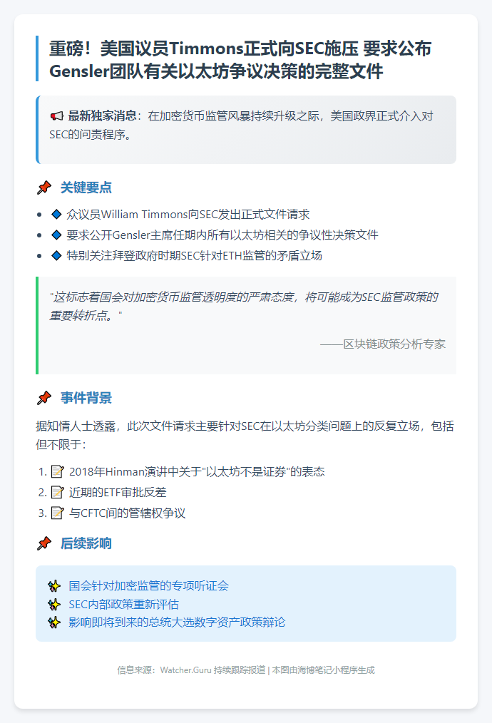 议员要求SEC提交以太坊处理文件