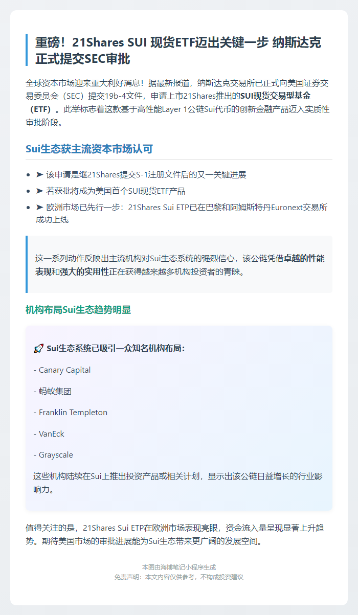 纳斯达克申请上市21Shares SUI ETF