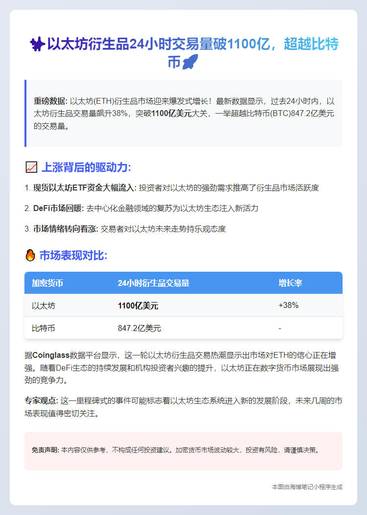 以太坊衍生品24小时交易量破1100亿，超越比特币