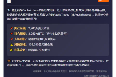 "巨鲸20倍做多比特币或为AguilaTrades"
