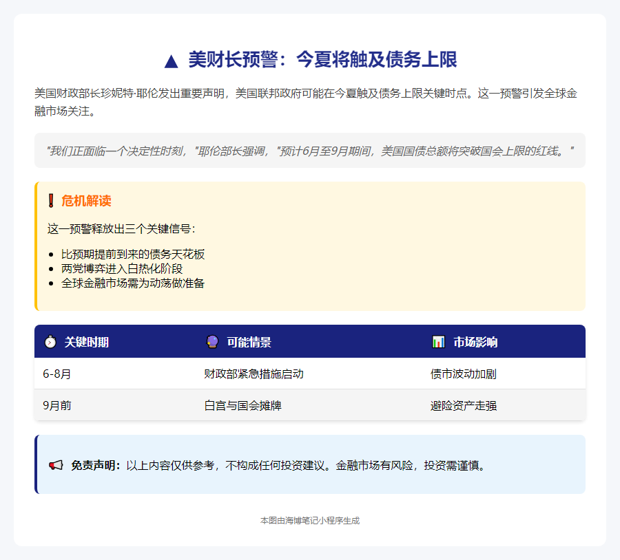 美财长：今夏将触债务上限