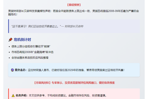 美财长警告：债务危机恐重创美国