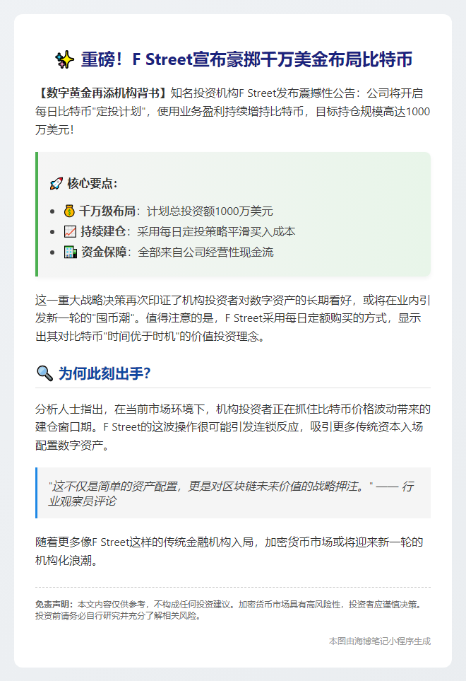 F Street拟购千万美元比特币