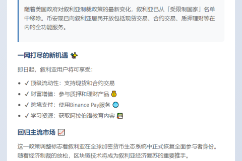 美国对叙制裁暂停 币安恢复服务
