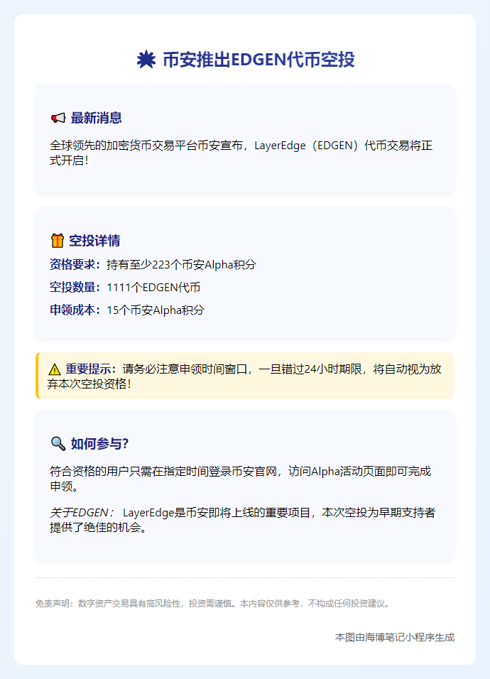 币安用户可申领1111个EDGEN代币
