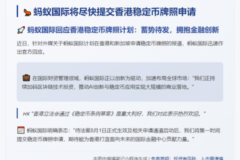 蚂蚁国际将尽快提交香港稳定币牌照申请